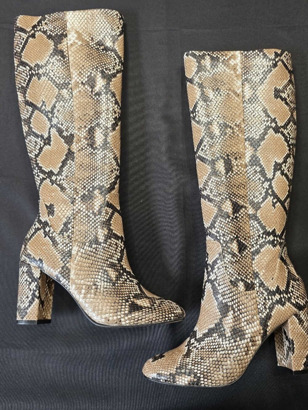 The Drop Snakeskin Knee High Pointed Toe Block Heel Boots 6.5